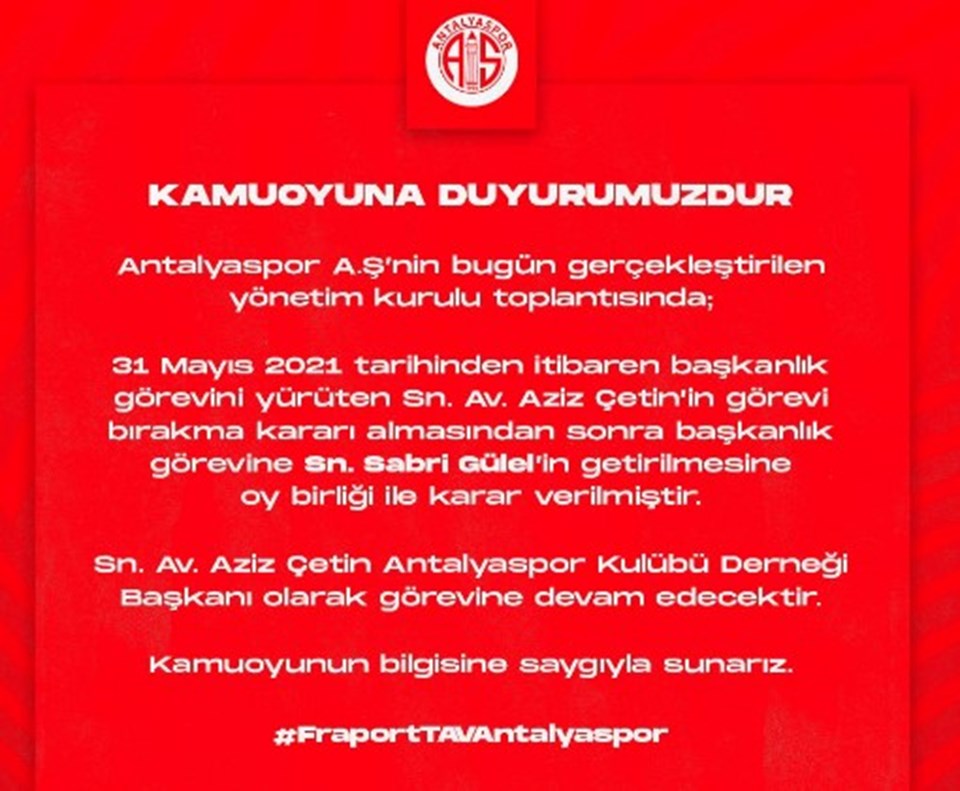 Antalyaspor'da Başkan Aziz Çetin'den istifa kararı - Son Dakika Spor Haberleri